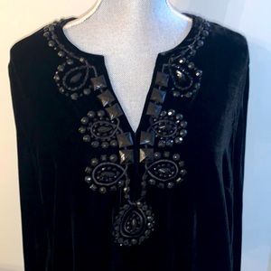 Talbots Black Velvet Tunic Embellished with Black Jewels Bell Sleeves Size 12
